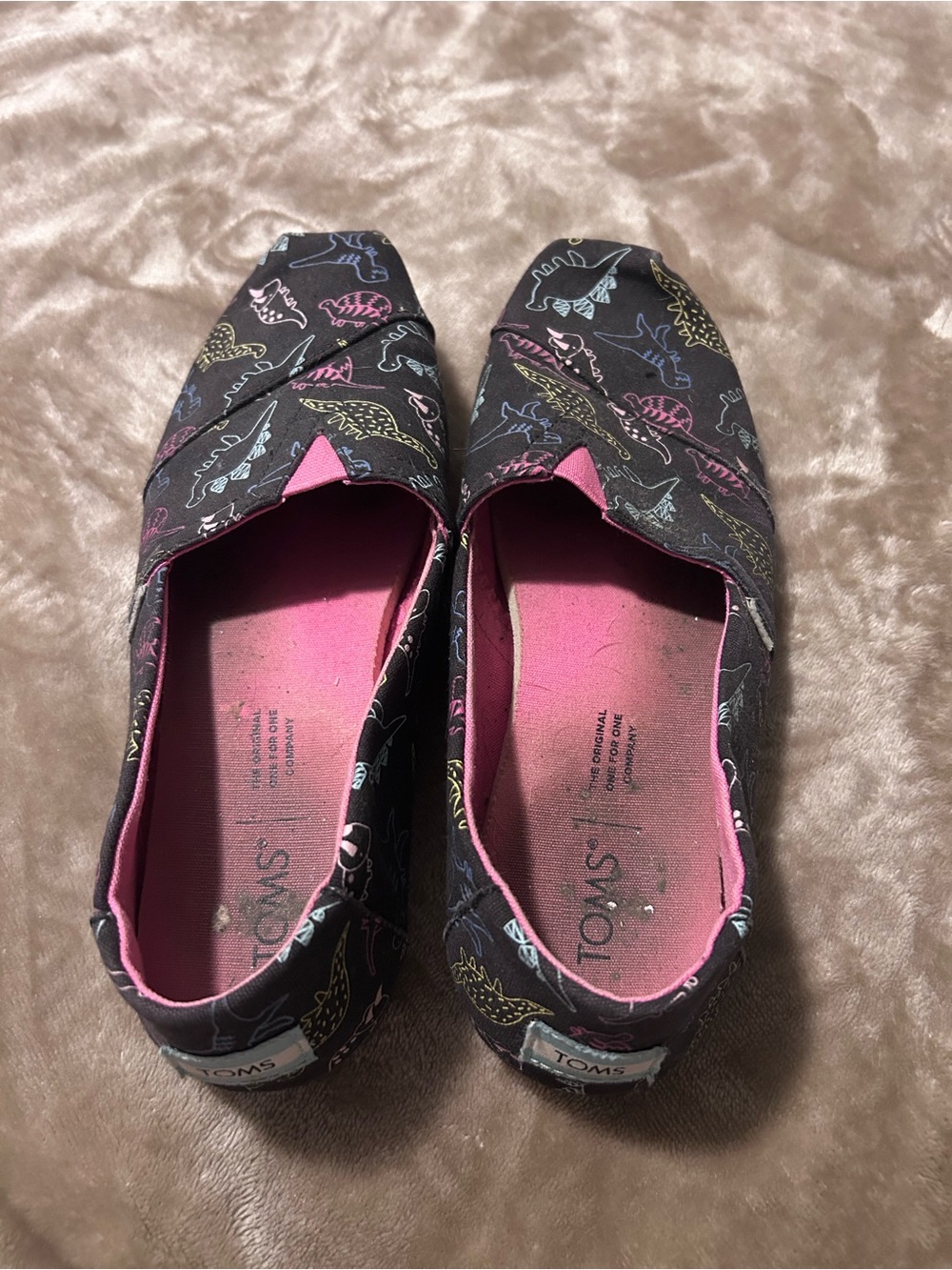 TOMS Women’s Dinosaur Print Slip Ons – Very Well Worn – As Is